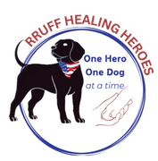 Black dog with an American flag bandana within a circular logo for