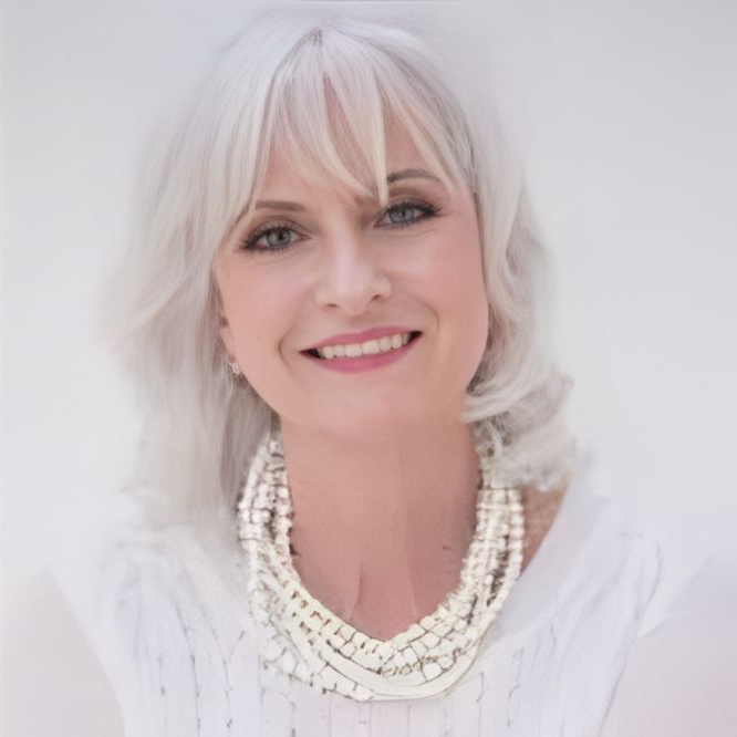 Woman with silver hair smiles, wearing pearl necklace and white top.