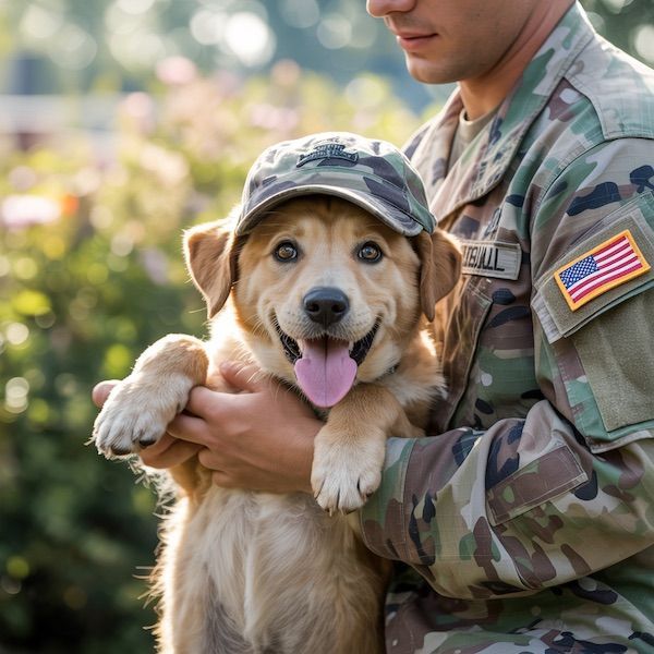Soldier in uniform holding a dog wearing a camouflage hat, both smiling. Outdoors.