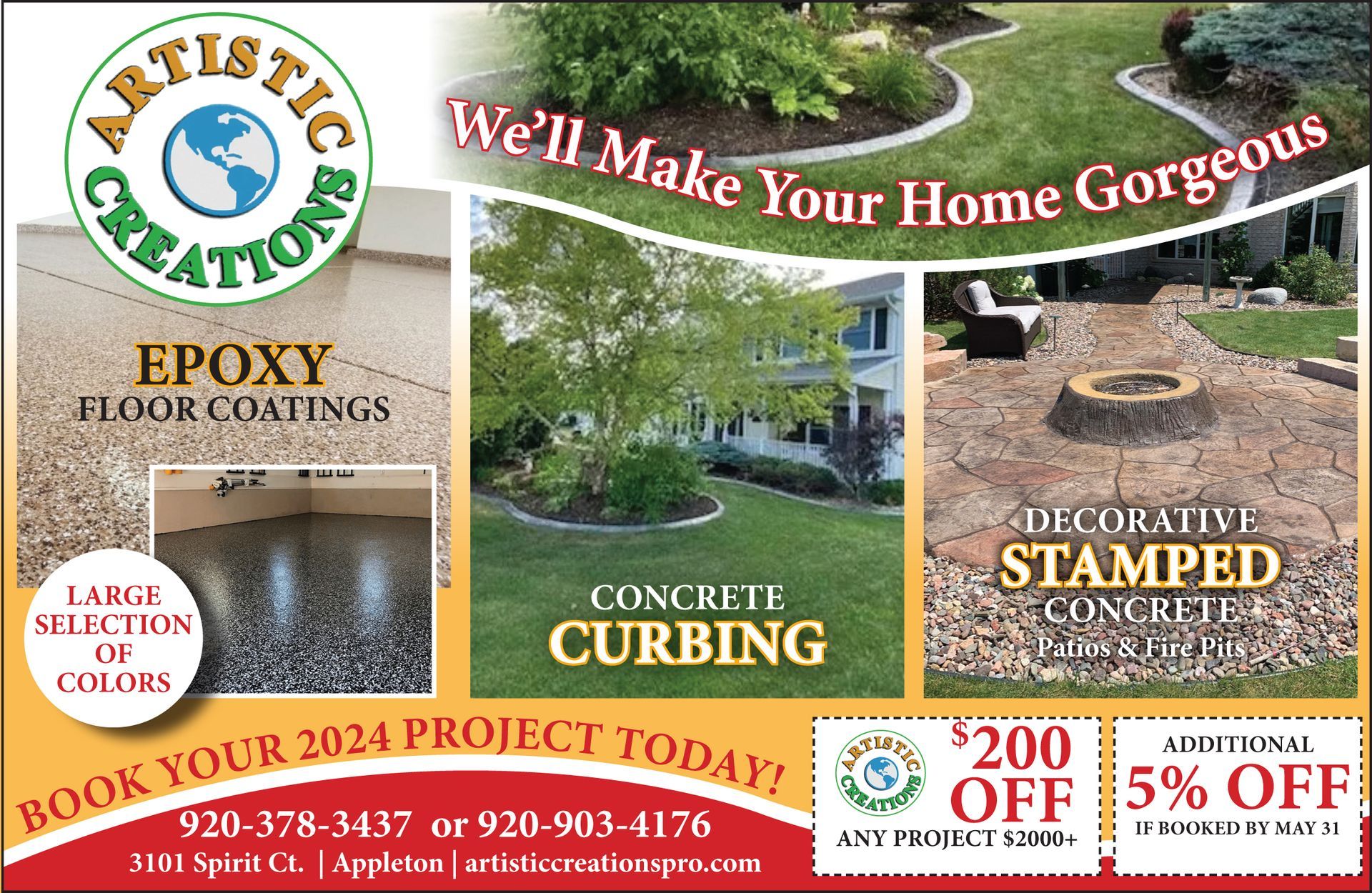 Concrete Creations coupon for curbing, Stamping, epoxy coatings, patios, outdoors, and garages.