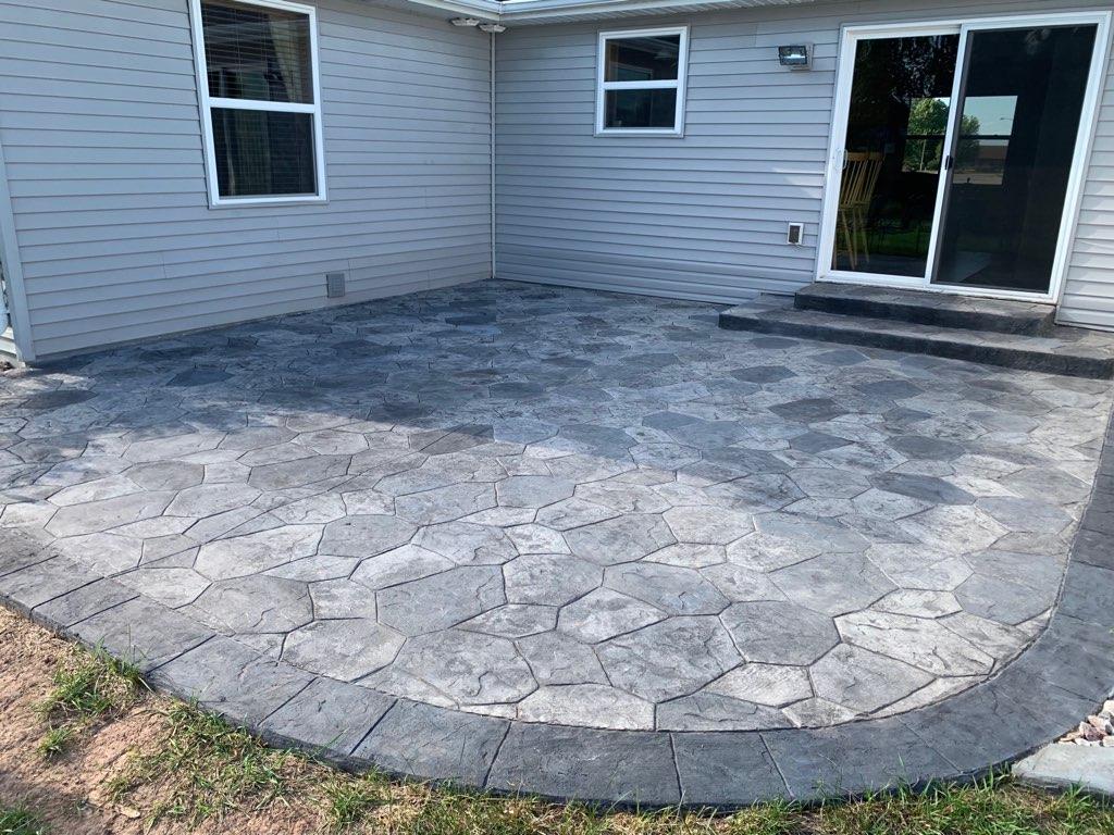 concrete patio installer, Concrete stamping, Backyard ideas, concrete flooring, brick  fireplace, mantels