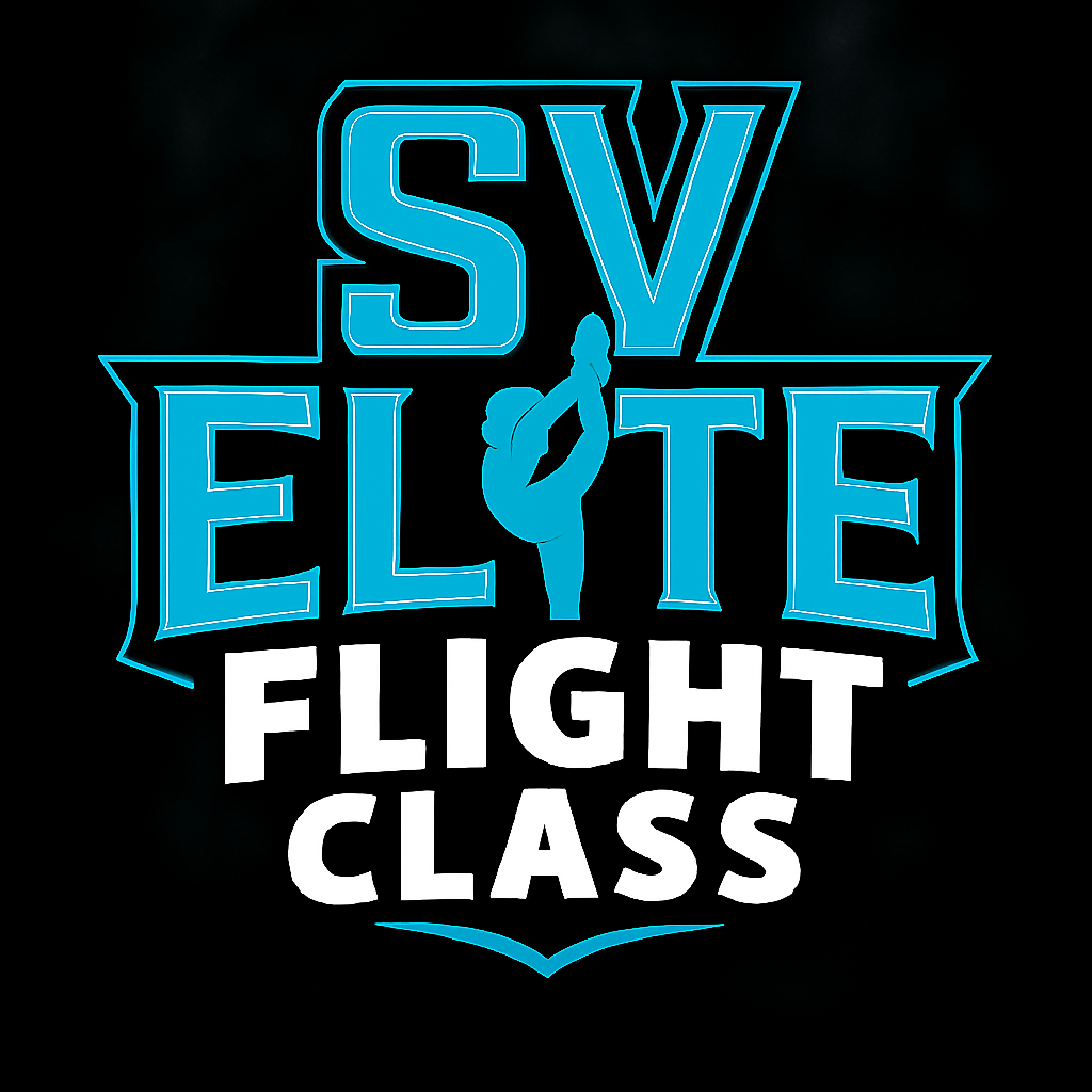 SV Elite Flight Class logo with blue text on black: gymnast silhouette between