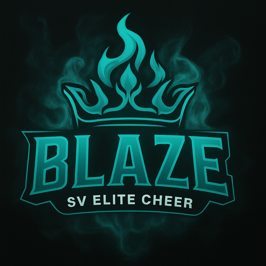 Teal logo for Blaze SV Elite Cheer, featuring a crown and flames on a dark background.