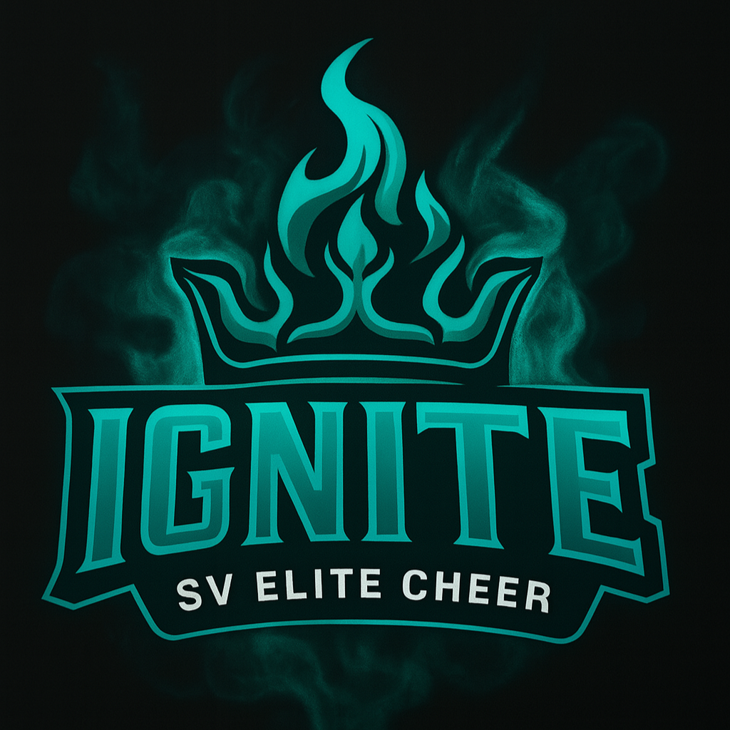 Teal and black Ignite logo with flames and crown, for SV Elite Cheer.