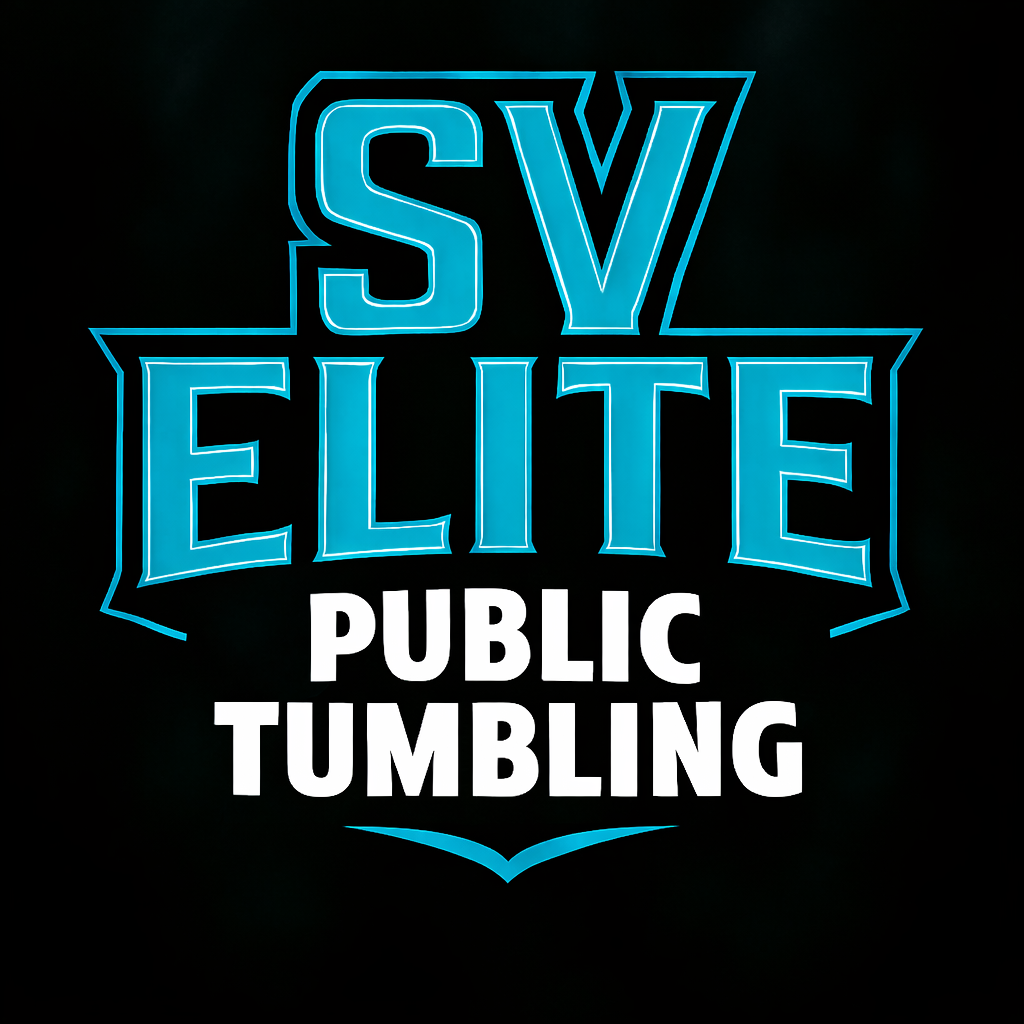 Logo for SV Elite, a beginner tumbling program, in teal and white.