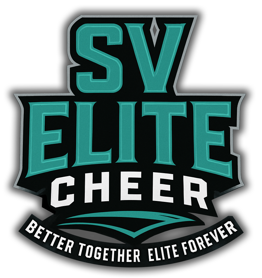 SV Elite Cheer logo: teal and black text on white background,