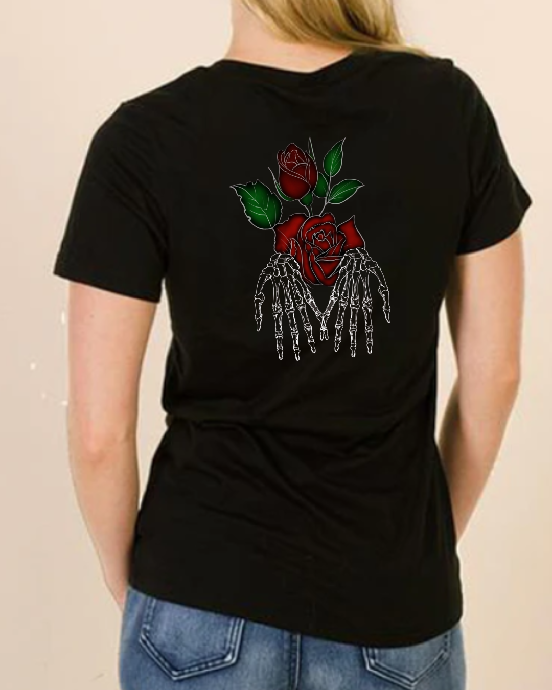 Deadly Devotion black t-shirt with skeletal hands holding red roses, gothic tattoo style design by Unspeakably Sinister