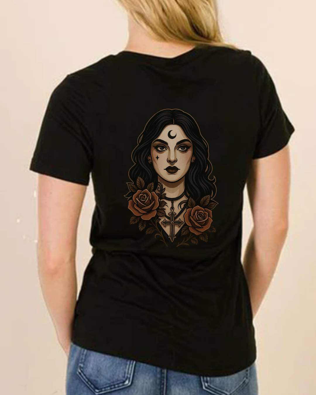 Eternal Flame black unisex t-shirt with gothic woman, crescent moon, roses, and cross design on the back, 50% cotton 50% polyester blend.