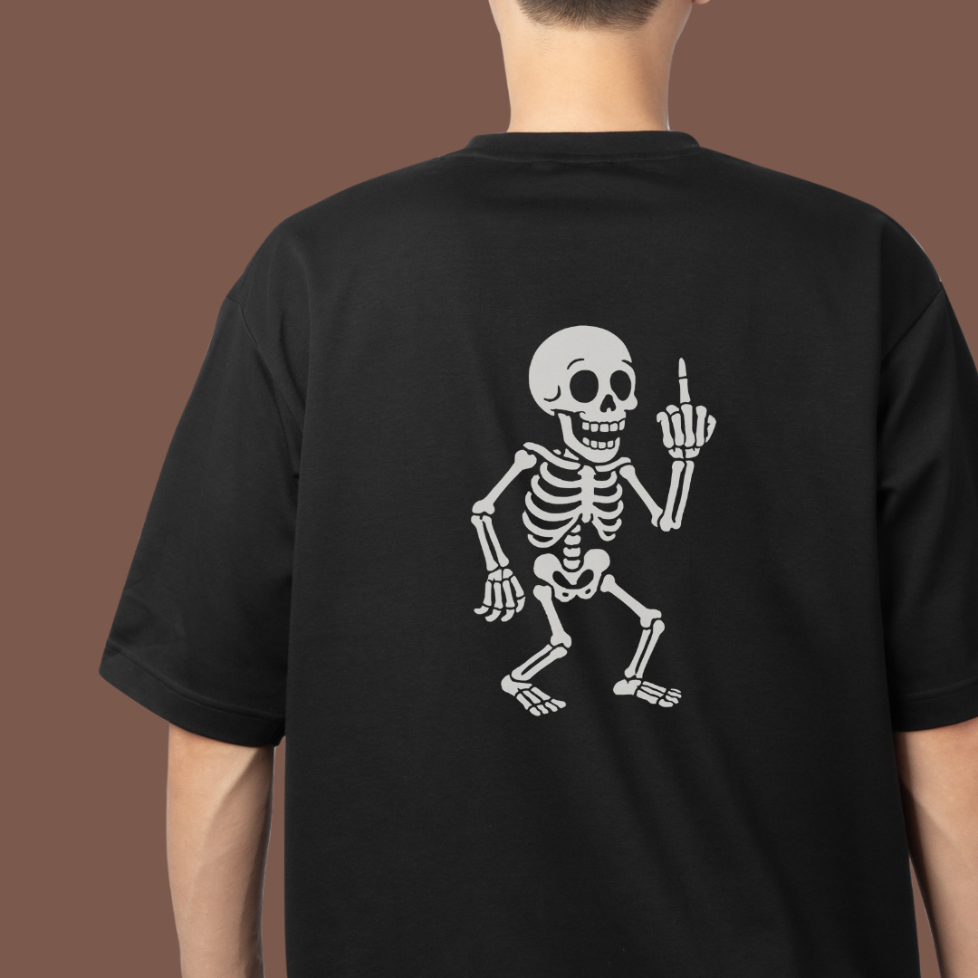 Bone to Pick black unisex t-shirt with grinning skeleton giving middle finger graphic on the back, 50% cotton 50% polyester blend.