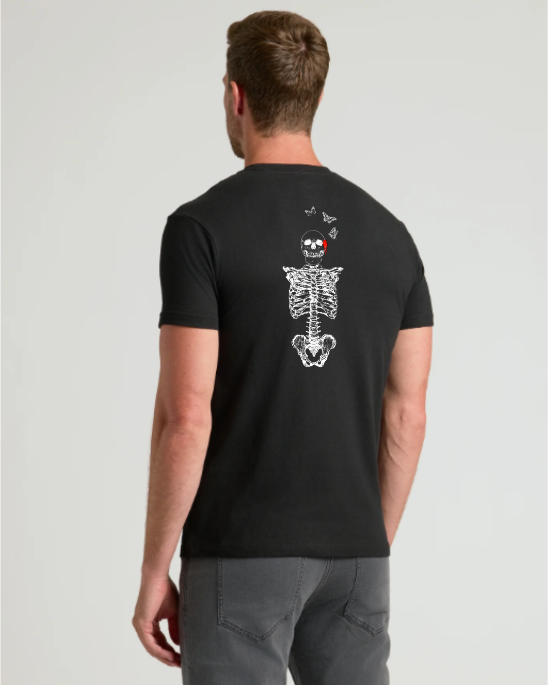 Mortal Metamorphosis black unisex t-shirt with skeleton and butterflies graphic on the back, 50% cotton 50% polyester blend