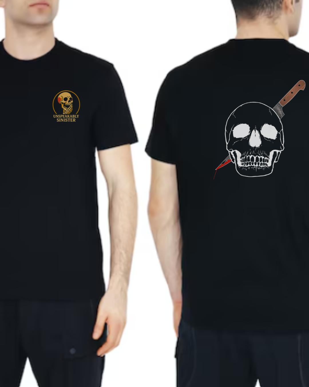 Blade to the Bone black unisex t-shirt with Unspeakably Sinister logo on front and skull with knife graphic on the back.