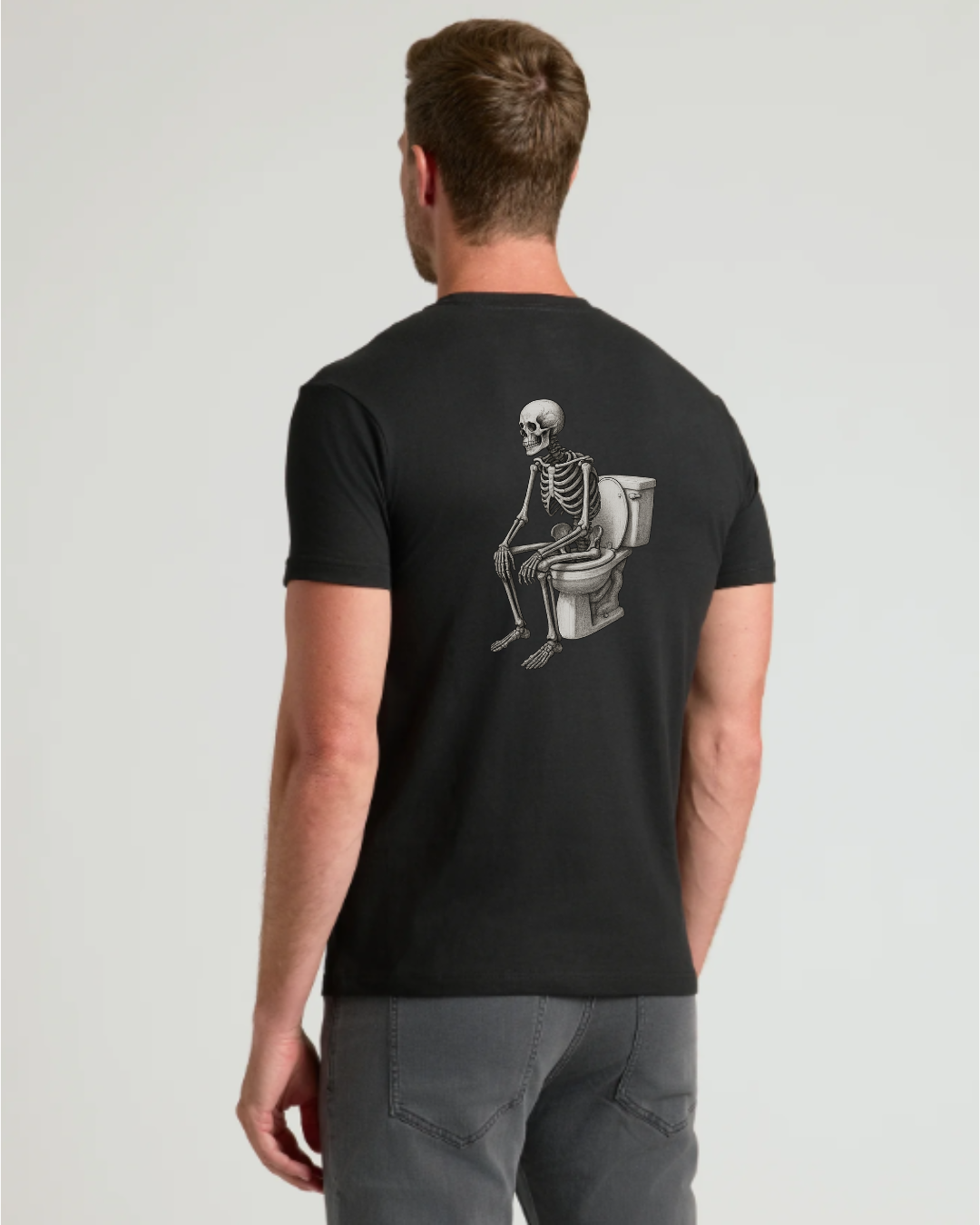 Bone Throne black unisex t-shirt with skeleton sitting on a toilet graphic on the back, 50% cotton 50% polyester blend