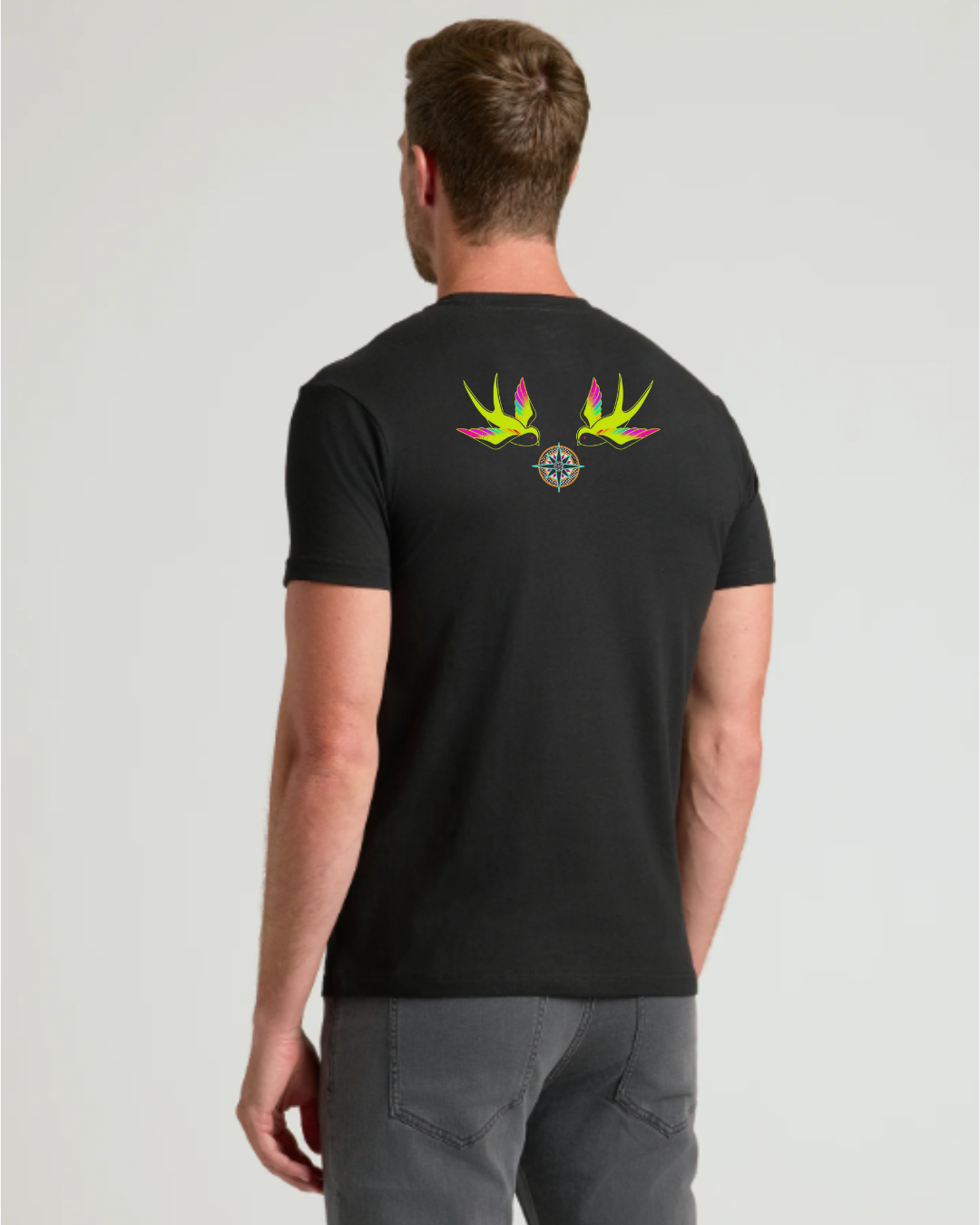 Black t-shirt with two colorful sparrows and a vintage compass tattoo design on the back of shirt.