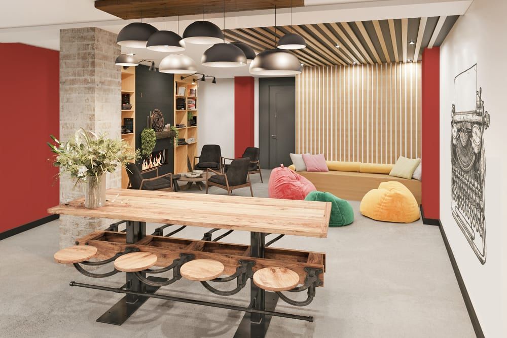 An artist 's impression of a living room with a large wooden table and stools.