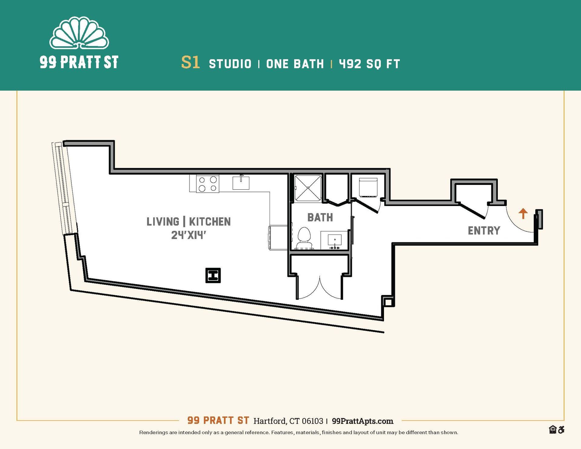 A floor plan of a studio apartment with a living room , kitchen , and bathroom.