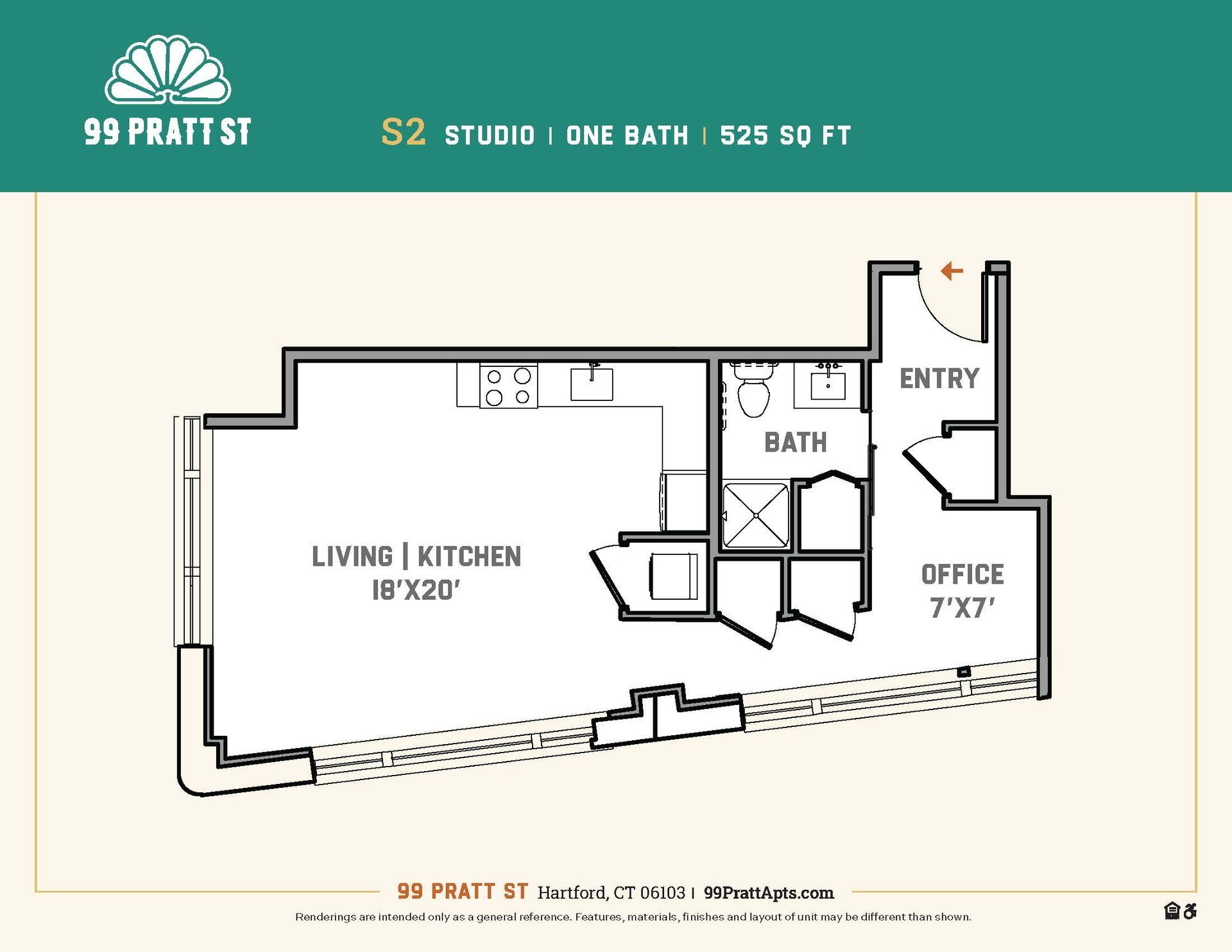 A black and white floor plan of a studio apartment