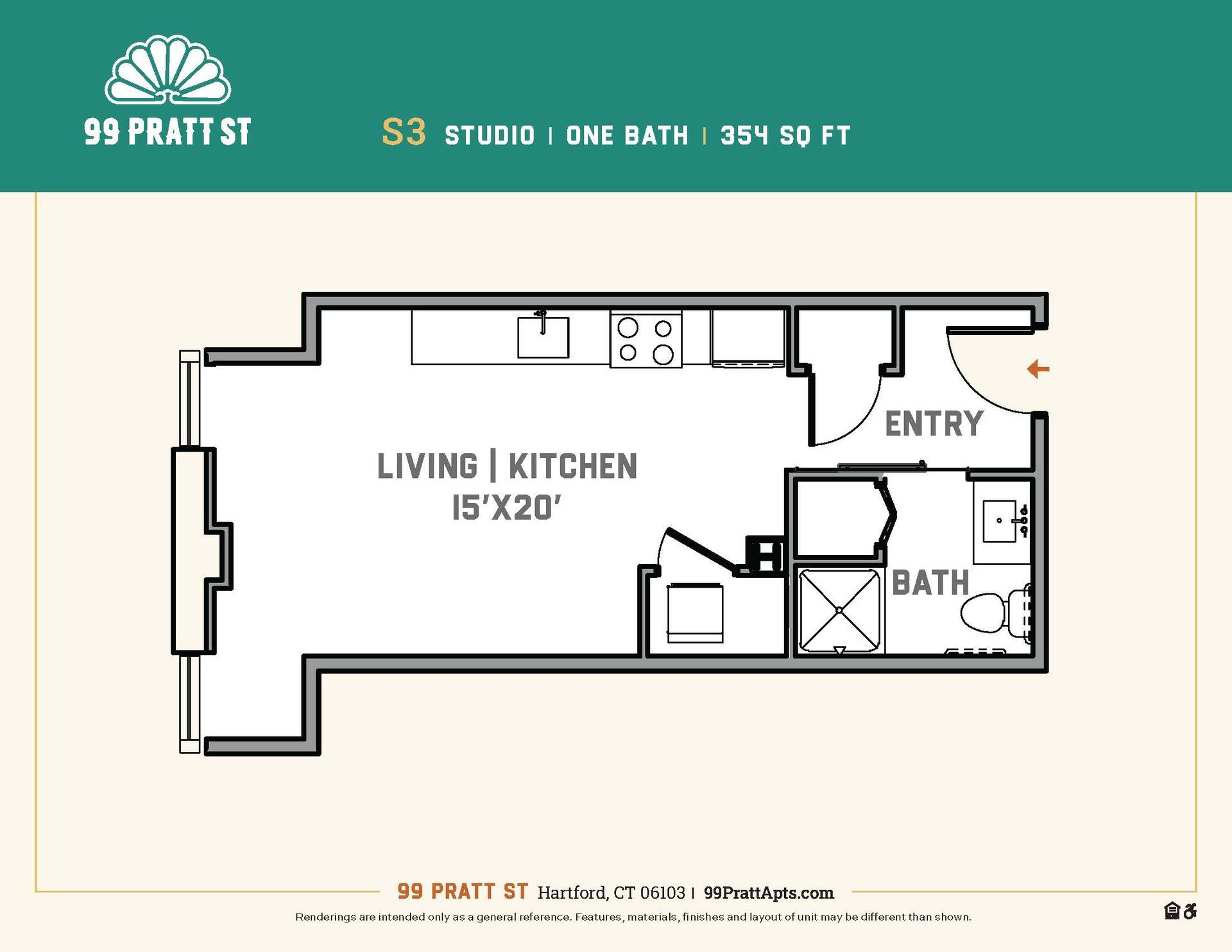 A floor plan of a studio apartment with a living room and kitchen