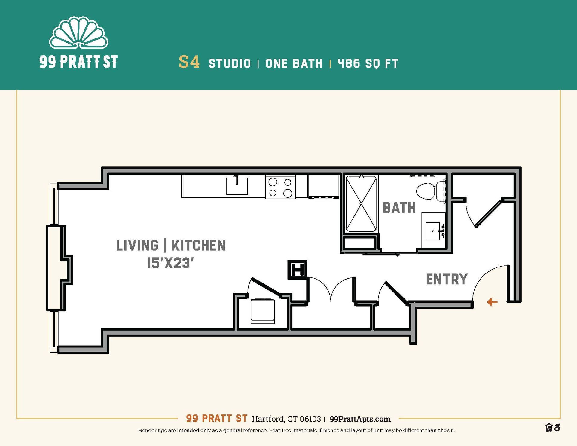 A floor plan of a studio apartment at 99 prati st