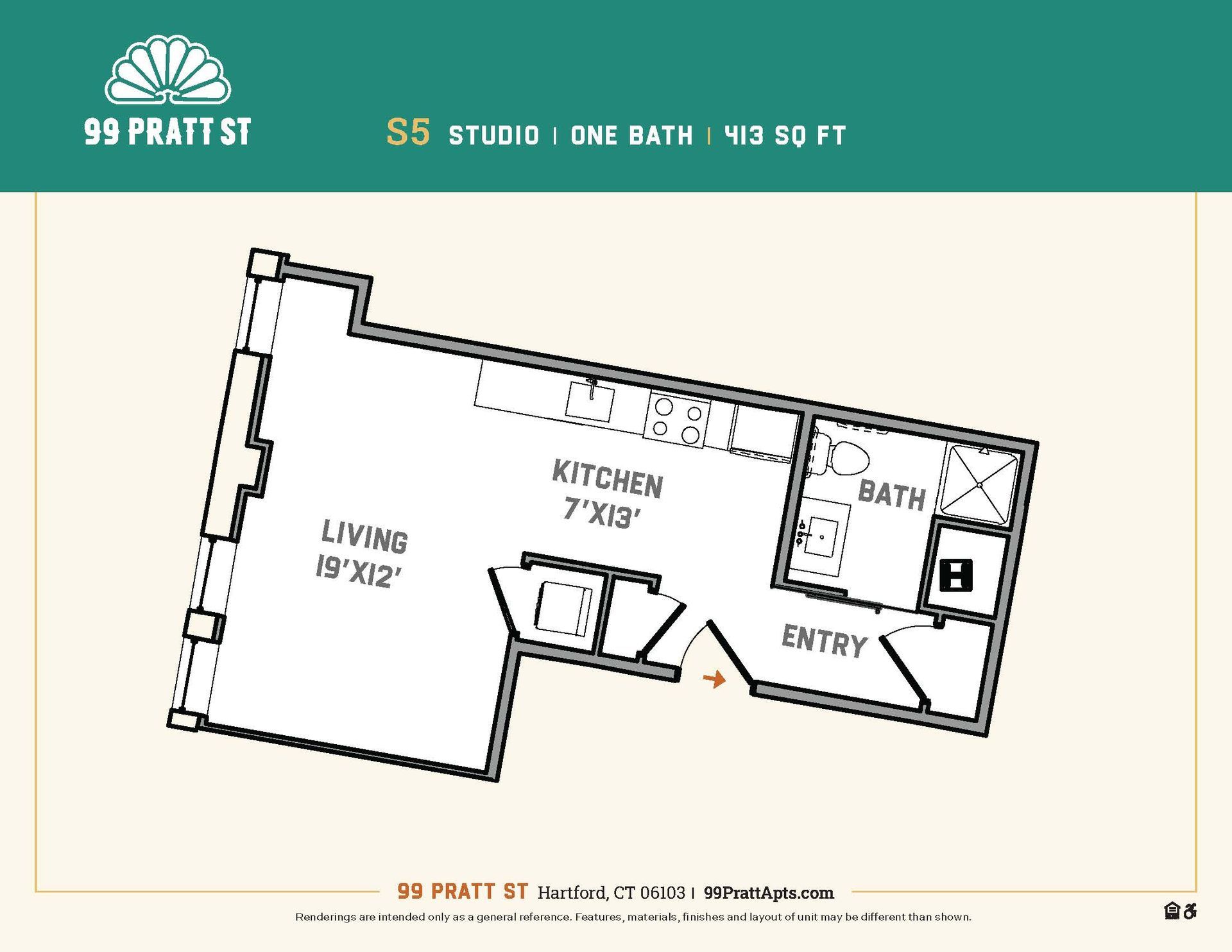 A floor plan of a studio apartment with a kitchen and bath