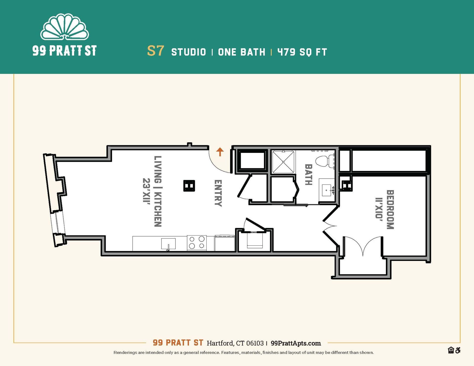 A floor plan of a studio apartment at 99 prati st