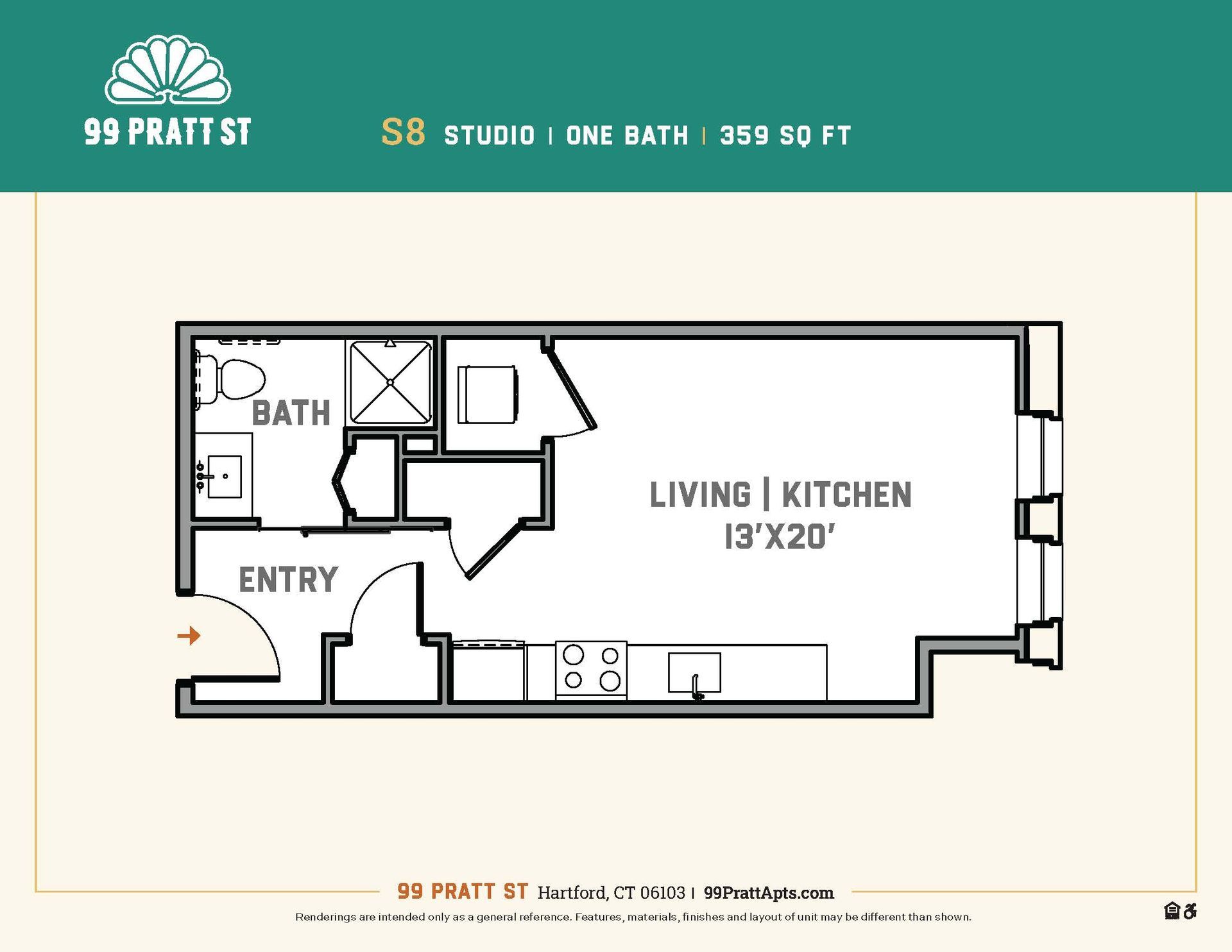 A floor plan of a studio apartment at 99 prati st