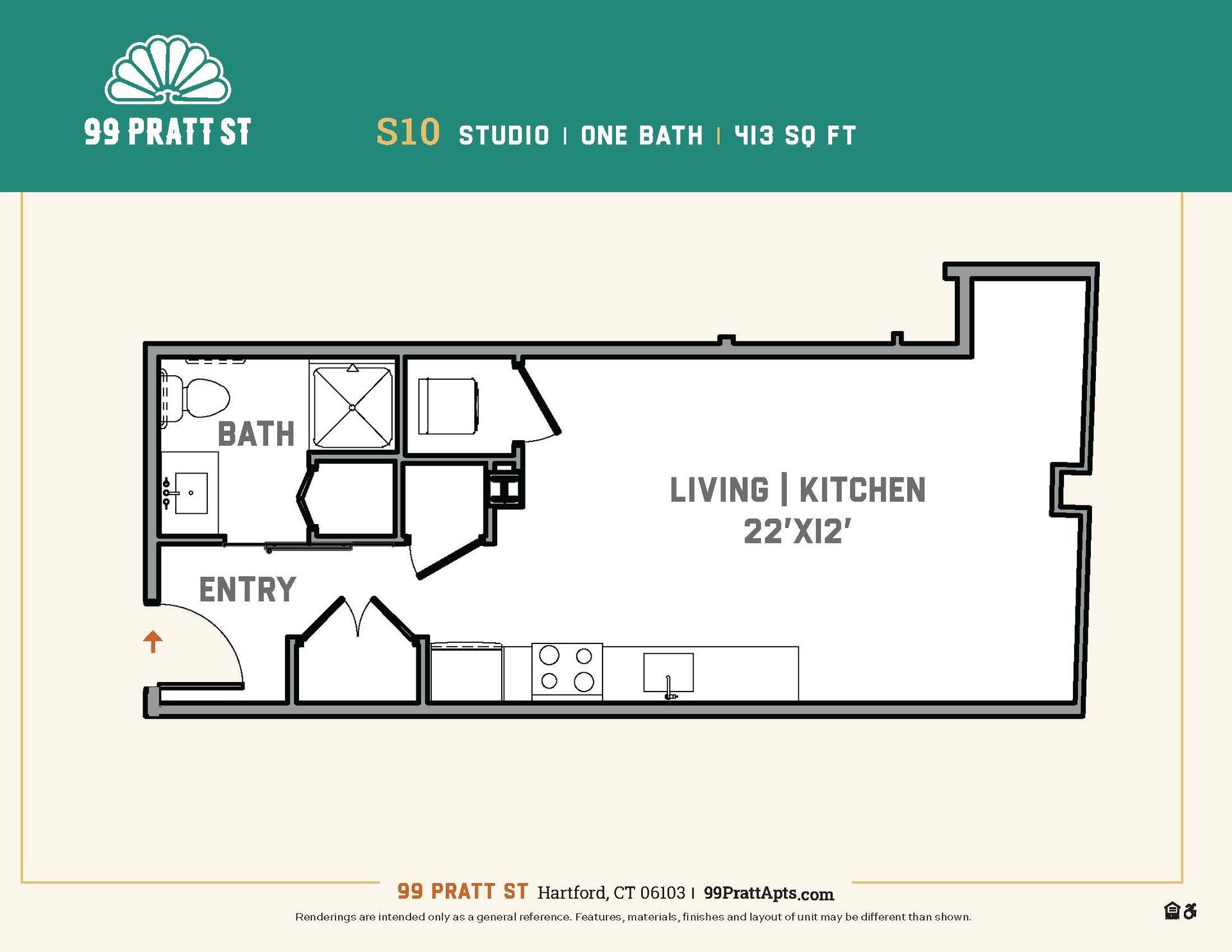 A floor plan of a studio apartment with a bath and kitchen