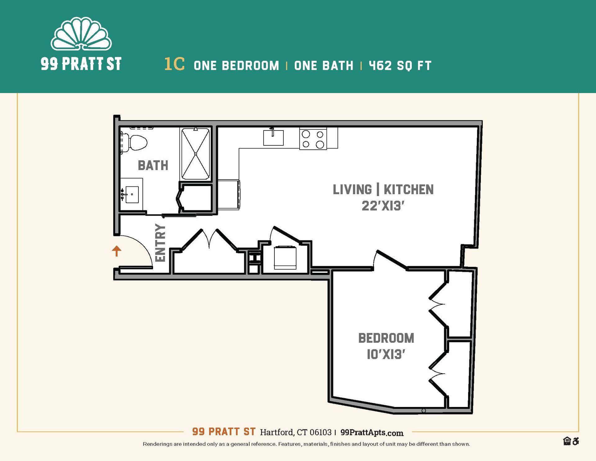 A black and white floor plan of a one bedroom apartment