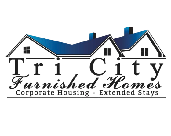 Logo for Tri-City Furnished Homes with a house outline and blue roof section. White text.