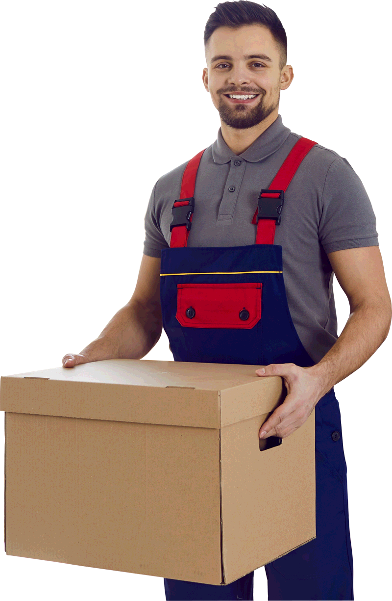 smiling moving worker in uniform holding cardboard box of belongings in client home
