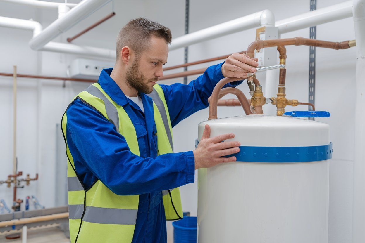 A man is working on a water heater in a room.
