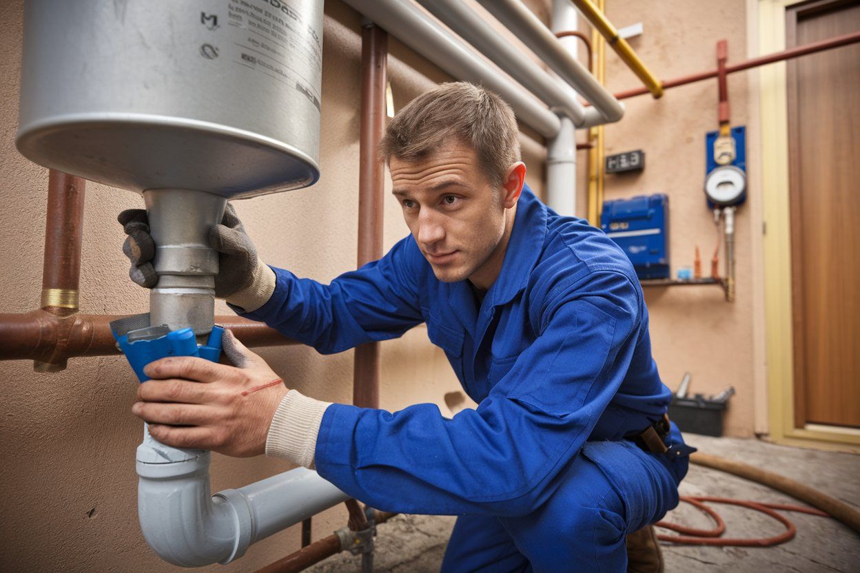 A man in a blue jumpsuit is working on a pipe.