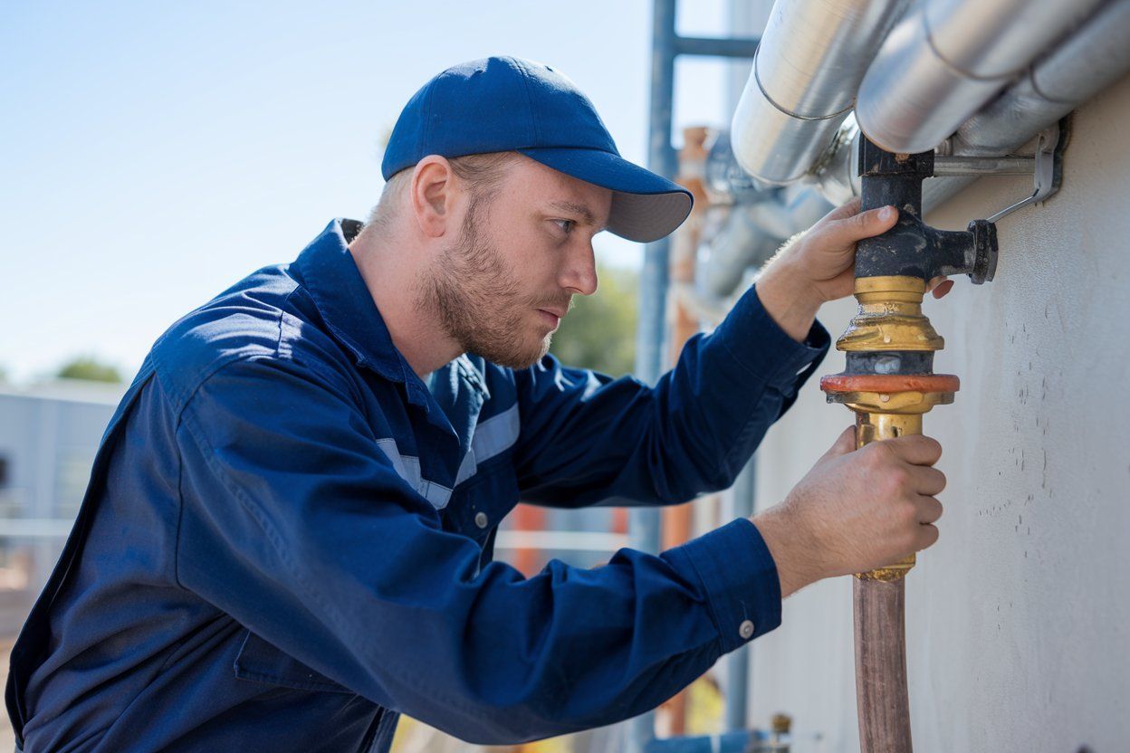 a man wearing a hard hat is working on pipes