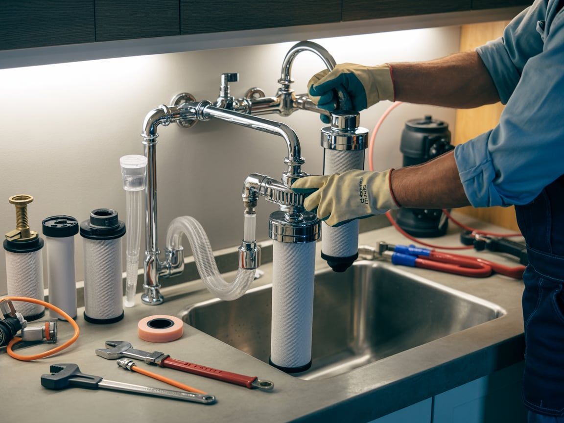 Plumber installing water filter under kitchen sink with tools laid out.