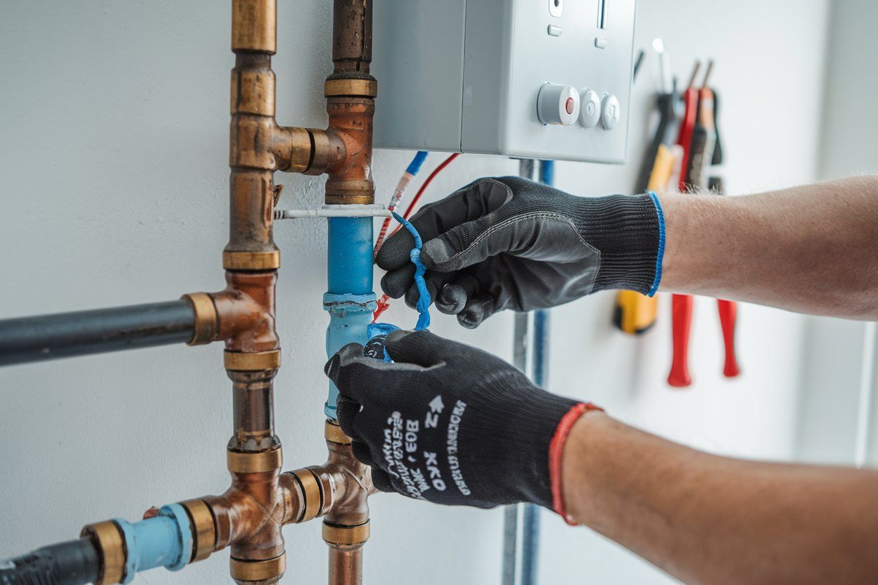 A person is fixing a pipe with a screwdriver.