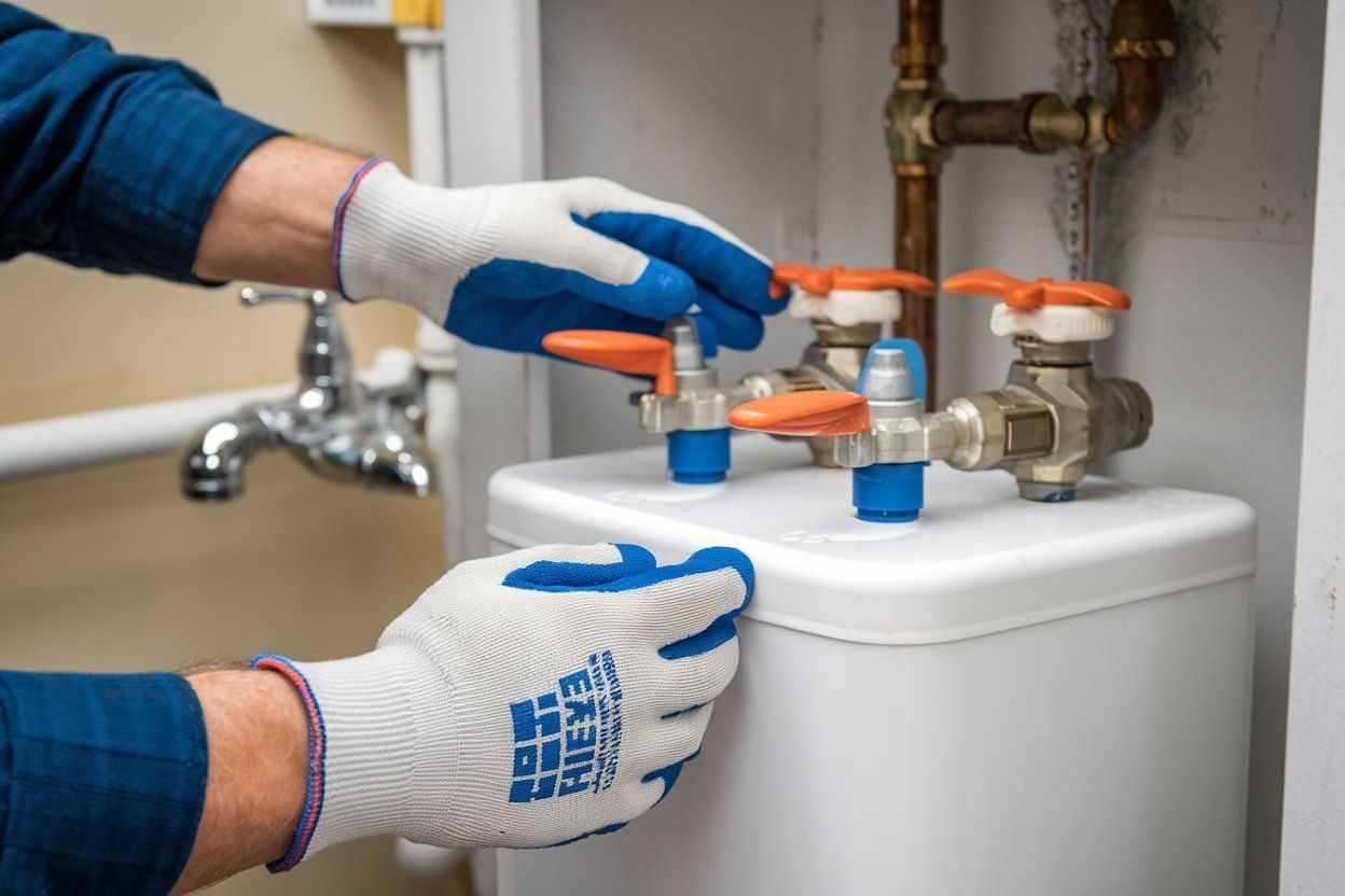 A person wearing gloves is working on a water heater.