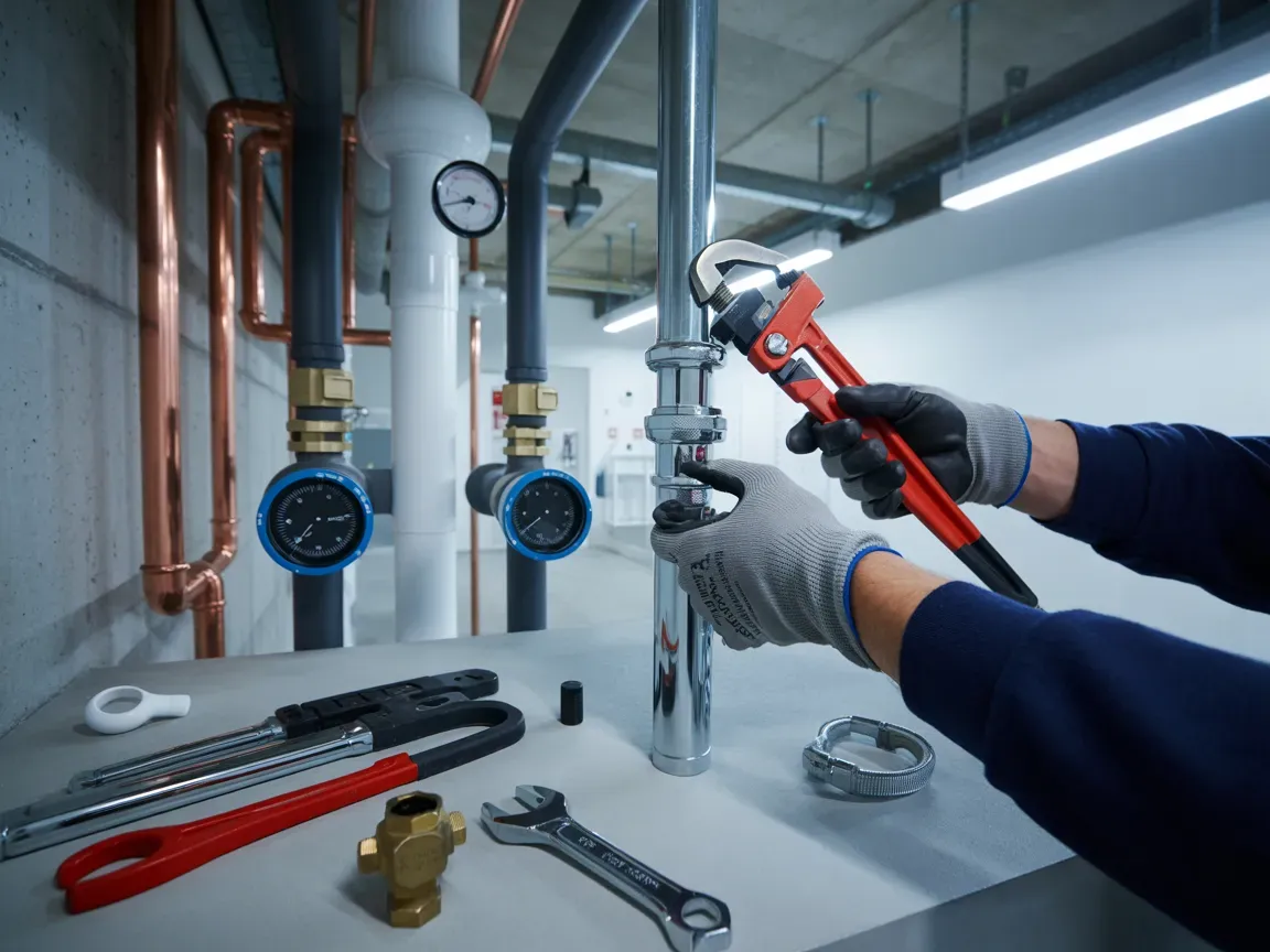 Plumber using a wrench on pipes in a utility room; various tools on the countertop.