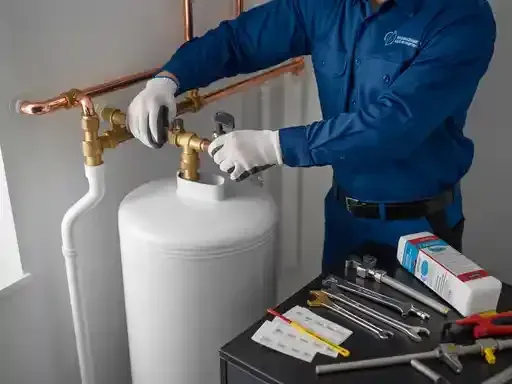 Plumber in blue uniform working on a white water tank, using tools.