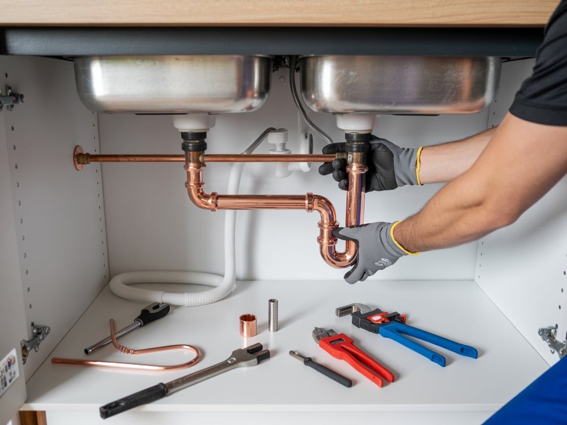 Plumber installing copper pipes under a kitchen sink, with various tools on the cabinet floor.
