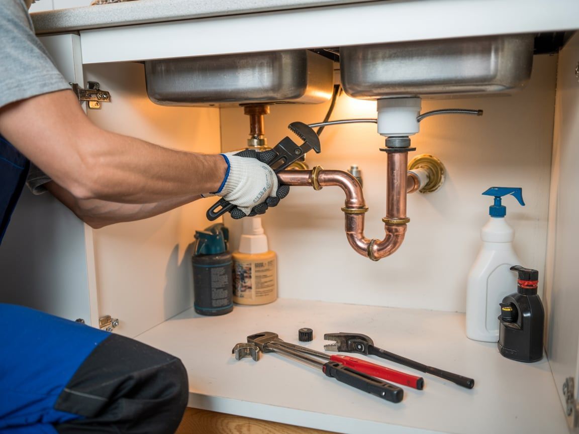 Plumber repairing copper sink pipes under a white countertop with tools and cleaning supplies.
