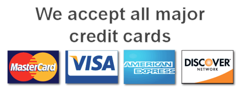 We accept all major credit cards - Master Card, Visa, American Express and Discover Credit Cards