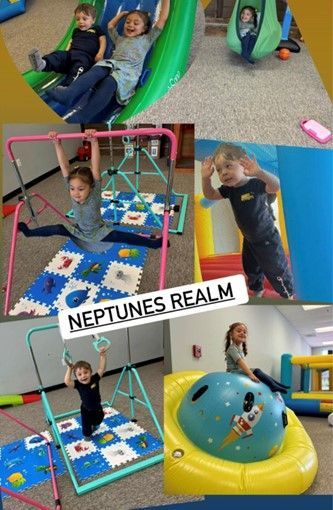 A collage of photos of children playing in a playground.