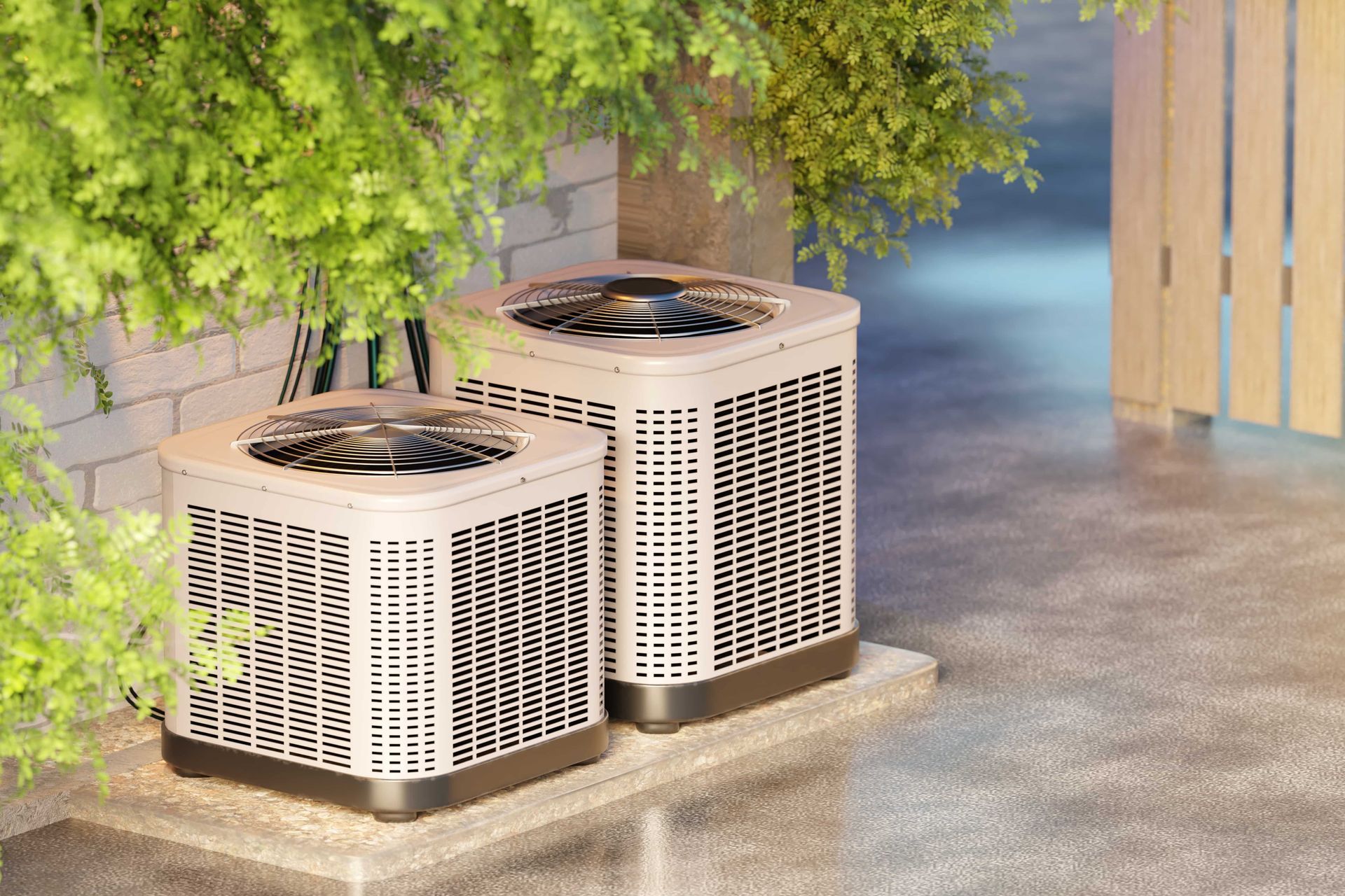 Two outdoor HVAC units beside a wall, under leafy trees, on a concrete surface