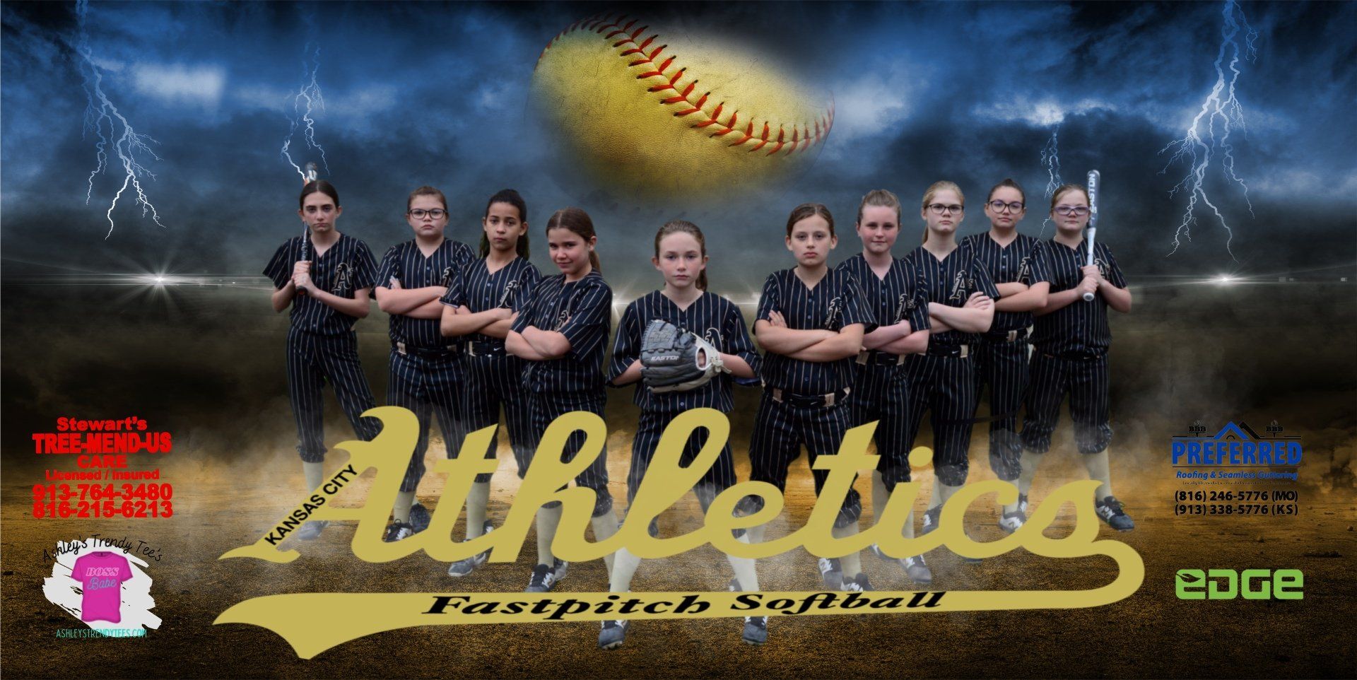 A group of athletes are posing for a picture with a softball in the background.