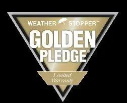 A weather stopper golden pledge limited warranty logo on a black background.