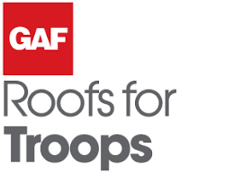 A logo for gaf roofs for troops on a white background.