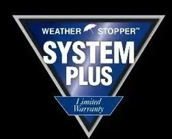 A weather stopper system plus limited warranty logo on a black background.