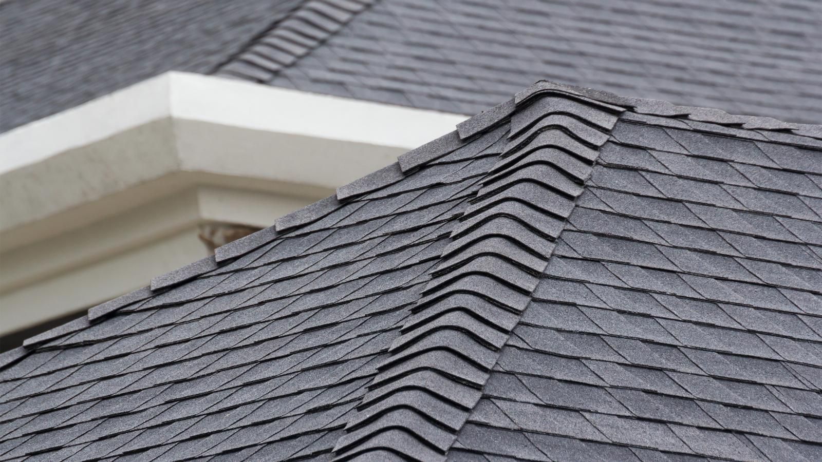 Dark gray asphalt shingle roof, with a peak and adjacent white building trim.