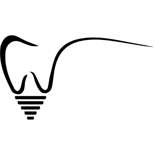 Black and white tooth-shaped logo, top portion angular and filled with geometric shapes, bottom portion resembling