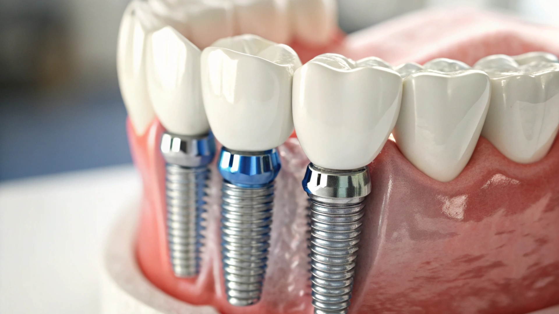 Model of dental implants in a pink gum model with three white teeth attached to silver implants.
