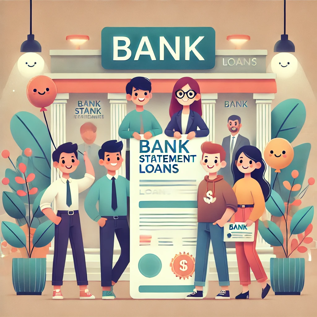 A group of people are standing in front of a bank holding a bank statement loan.